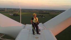 Union worker atop a wind turbine in Michigan.