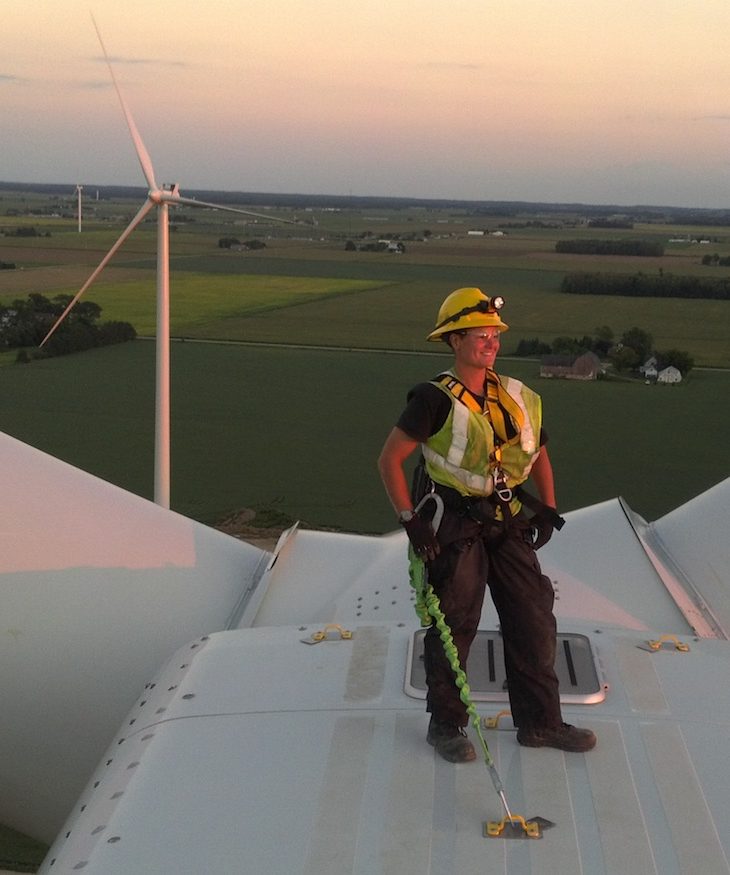 Union worker atop a wind turbine in Michigan.